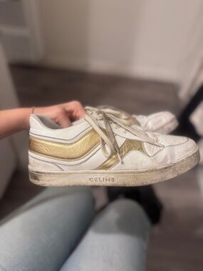Celine White Leather Low-Top Sneakers with Gold Accent